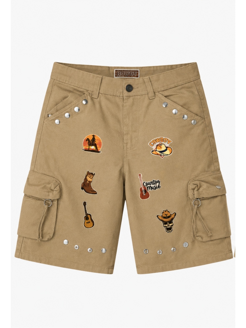 Cow Boy Tan Cargo Shorts with Western Patches